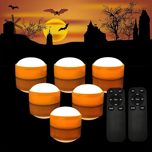 Paquete de 6 luces de calabaza de Halloween con control remoto y temporizador, luz LED parpadeante brillante que funciona con pilas, juego de velas