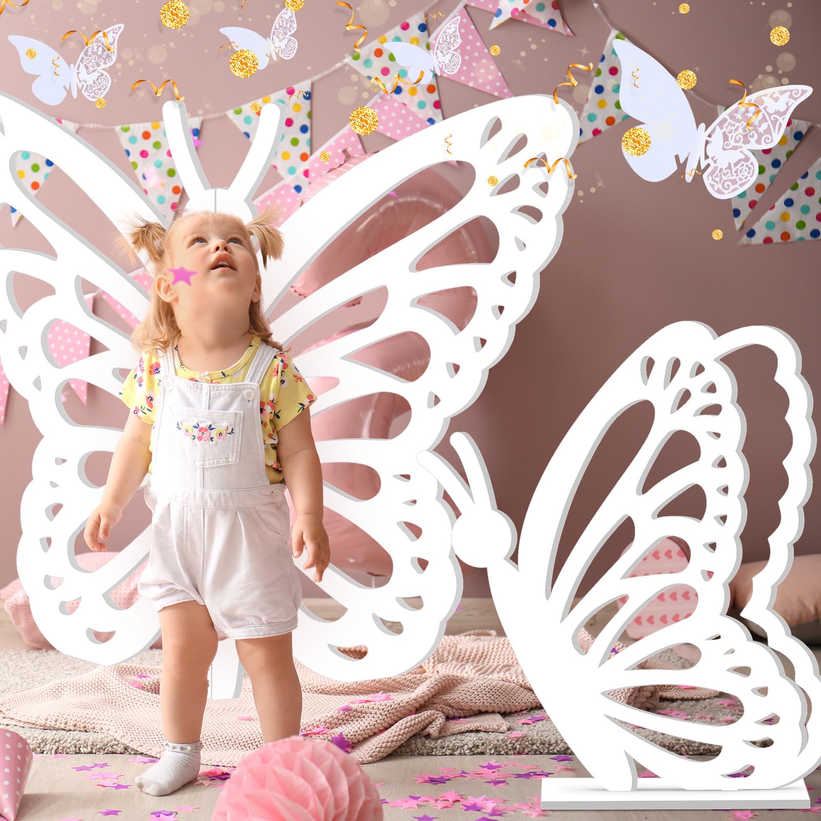 Yousoontic 2 Stück große Holz-Schmetterlingsrequisiten – Stehende Flügel Ausschnitt Hintergrund Dekoration für Geburtstag, Babyparty, Hochzeitsfeier (weiß, 90 cm und 60 cm)