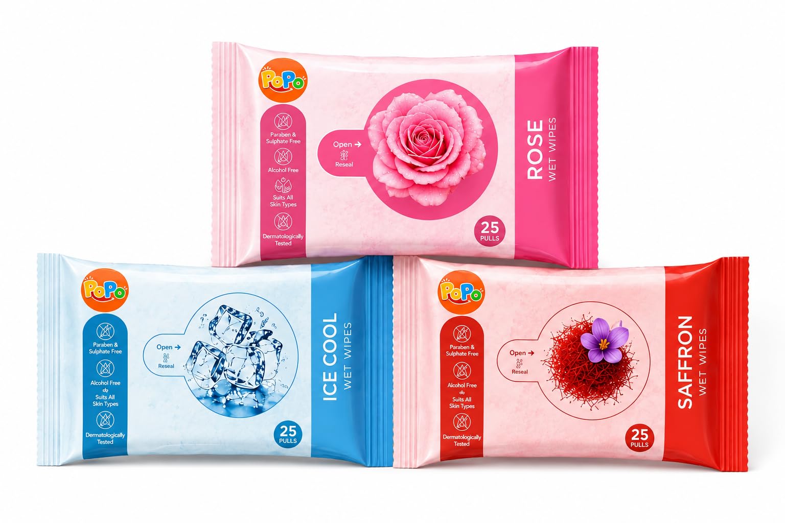 POPO Skin Cleaning Wipes | Rose, Ice Cool & Saffron | Pack of 3 | 25 Pulls Each | Total 75 Pulls-image-15