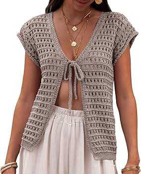 トップス FRONT WAVE CROCHET LIKE KNIT CARDIGAN HzDazrl Women Cute Crochet Knit Cardigan Tie Up Front Hollow