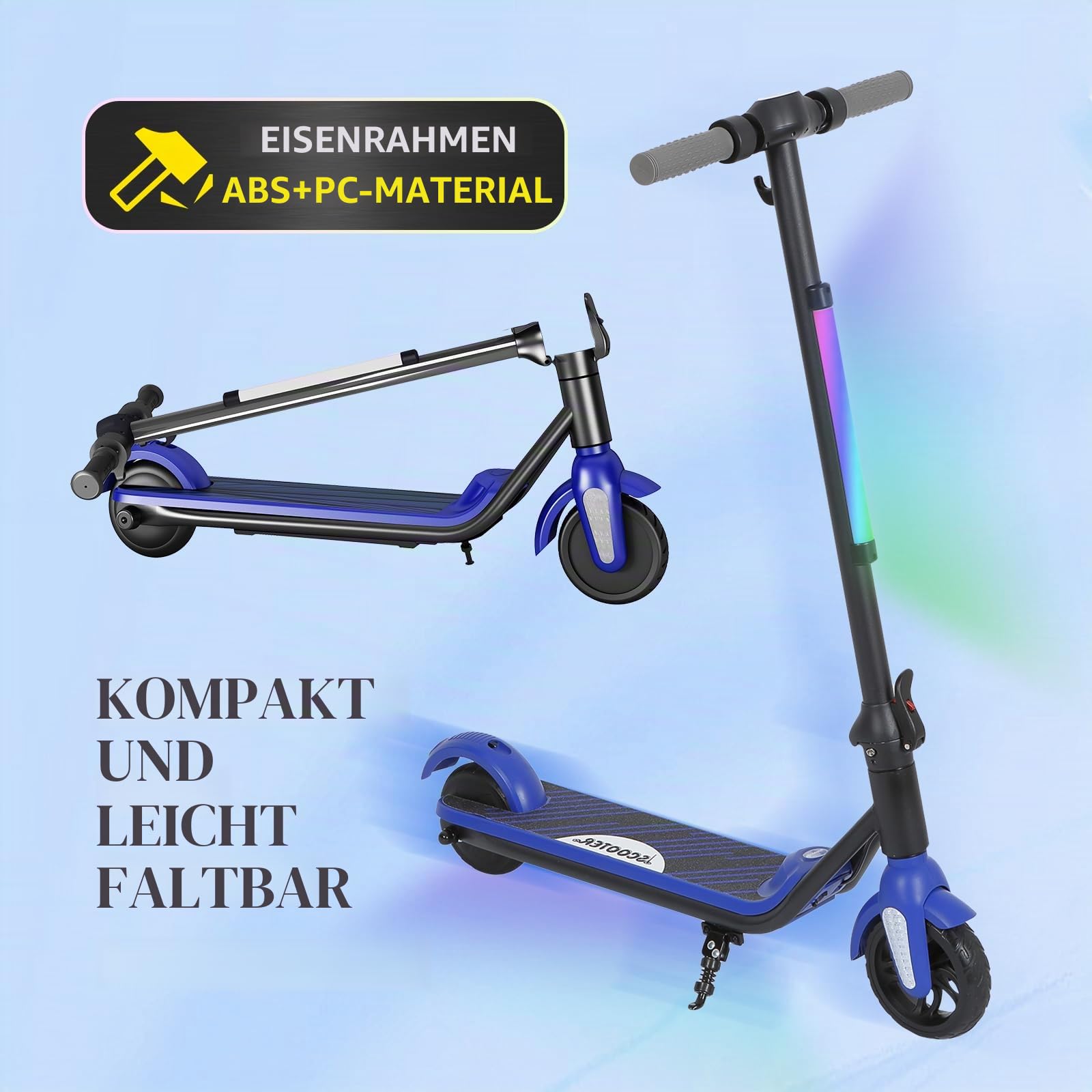 Elektroroller für Kinder von 6-12 Jahren, 6'' Faltbarer Elektroroller mit max. Geschwindigkeit 12 km/h, LED Farblichter & Display, Reichweite 5-8 km, Kinderroller mit Doppelbremssystem