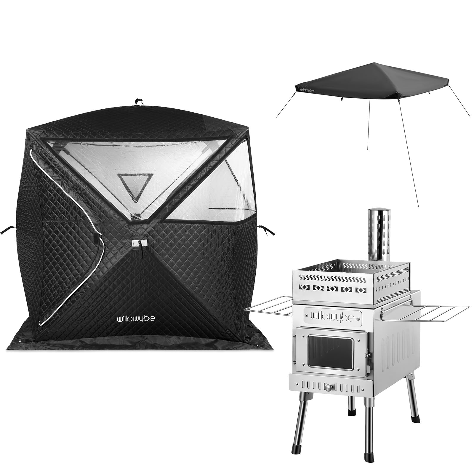 WILLOWYBE Tragbares Outdoor-Sauna-Set mit Saunazelt, Holzofen und Schutzabdeckung