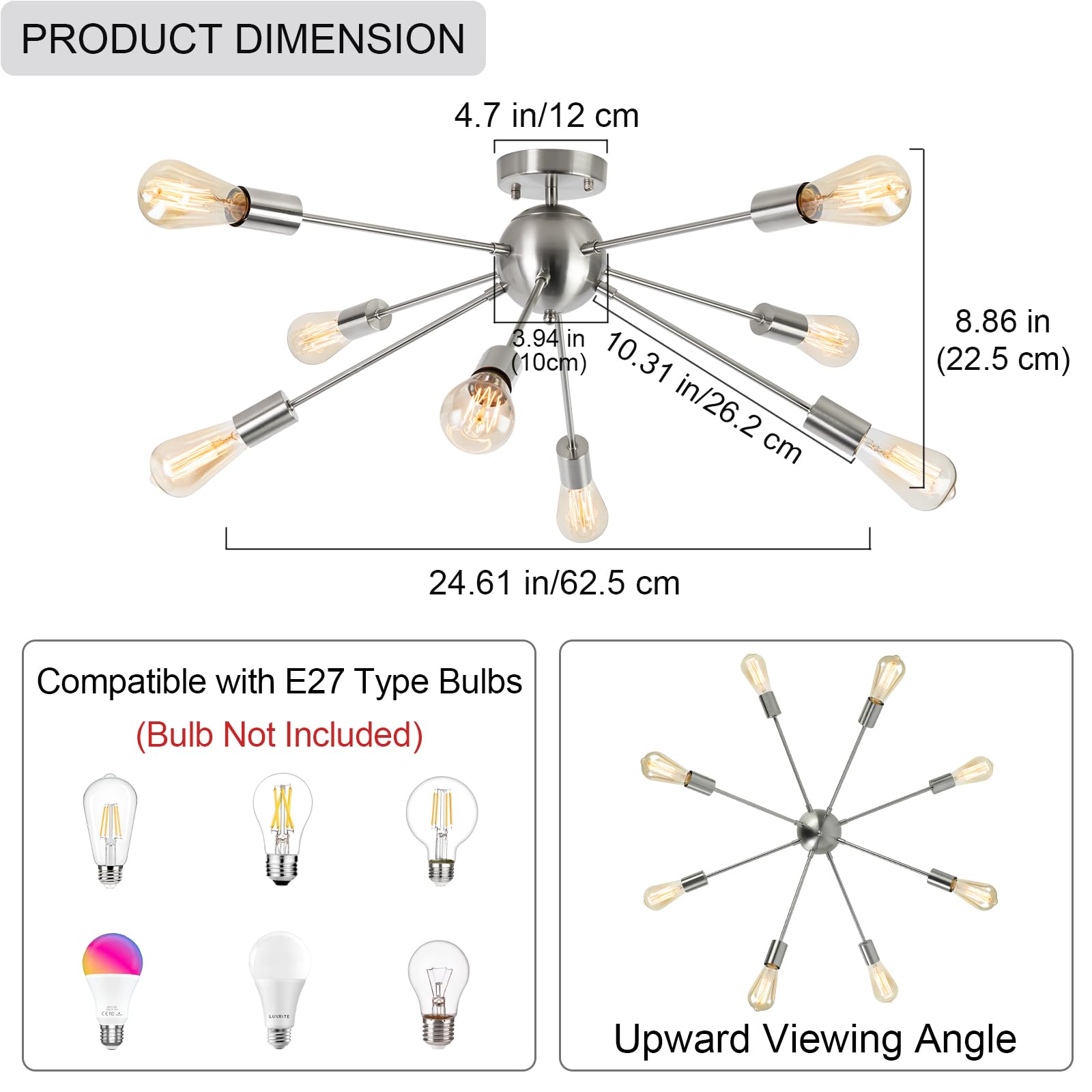 Kronleuchter Deckenlampe Vintage Deckenleuchte Silber, 8 Flammig Deckenlampe Wohnzimmer Hängend, E27 Fassung Modern Wohnzimmerlampe, Industrial Sputnik Lampe für Schlafzimmer Küche Esszimmer