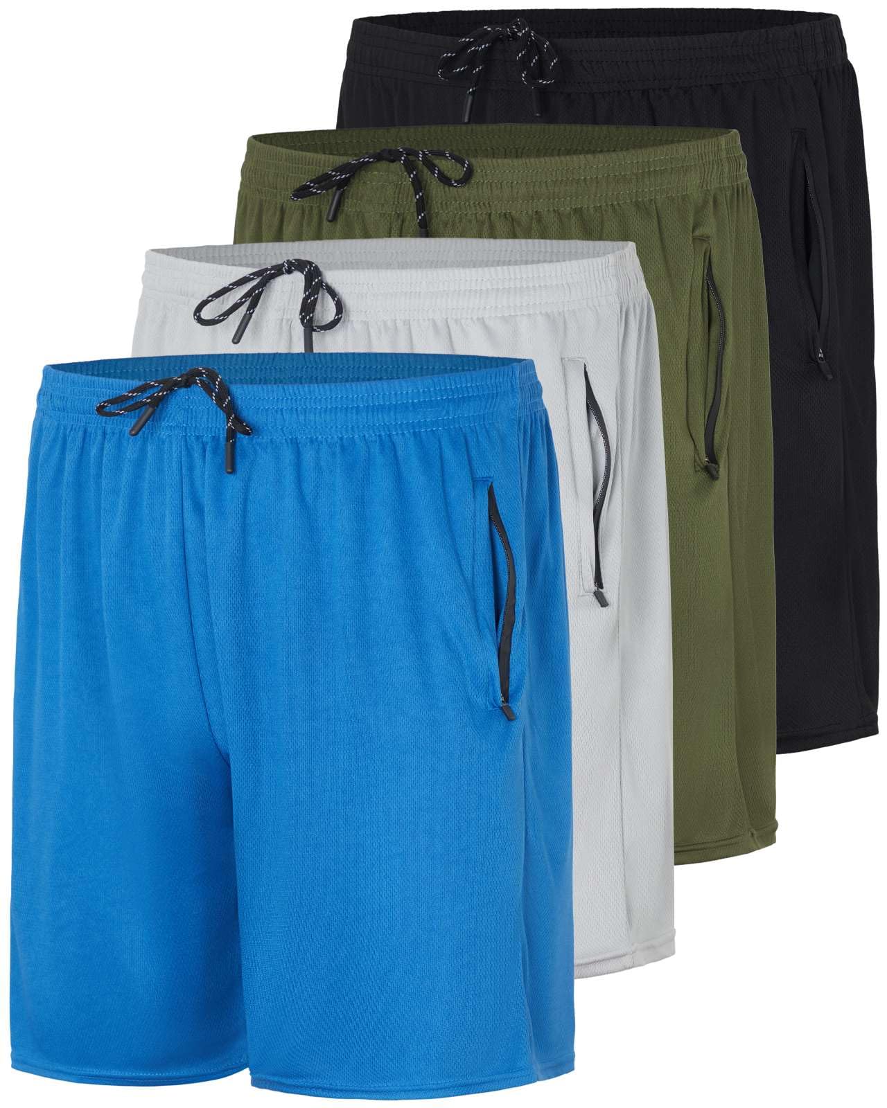 Real Essentials 4 Pack Mens Mesh 7 Athletic Zipper Shorts Workout Gym Running Basketball Big and Tall Available