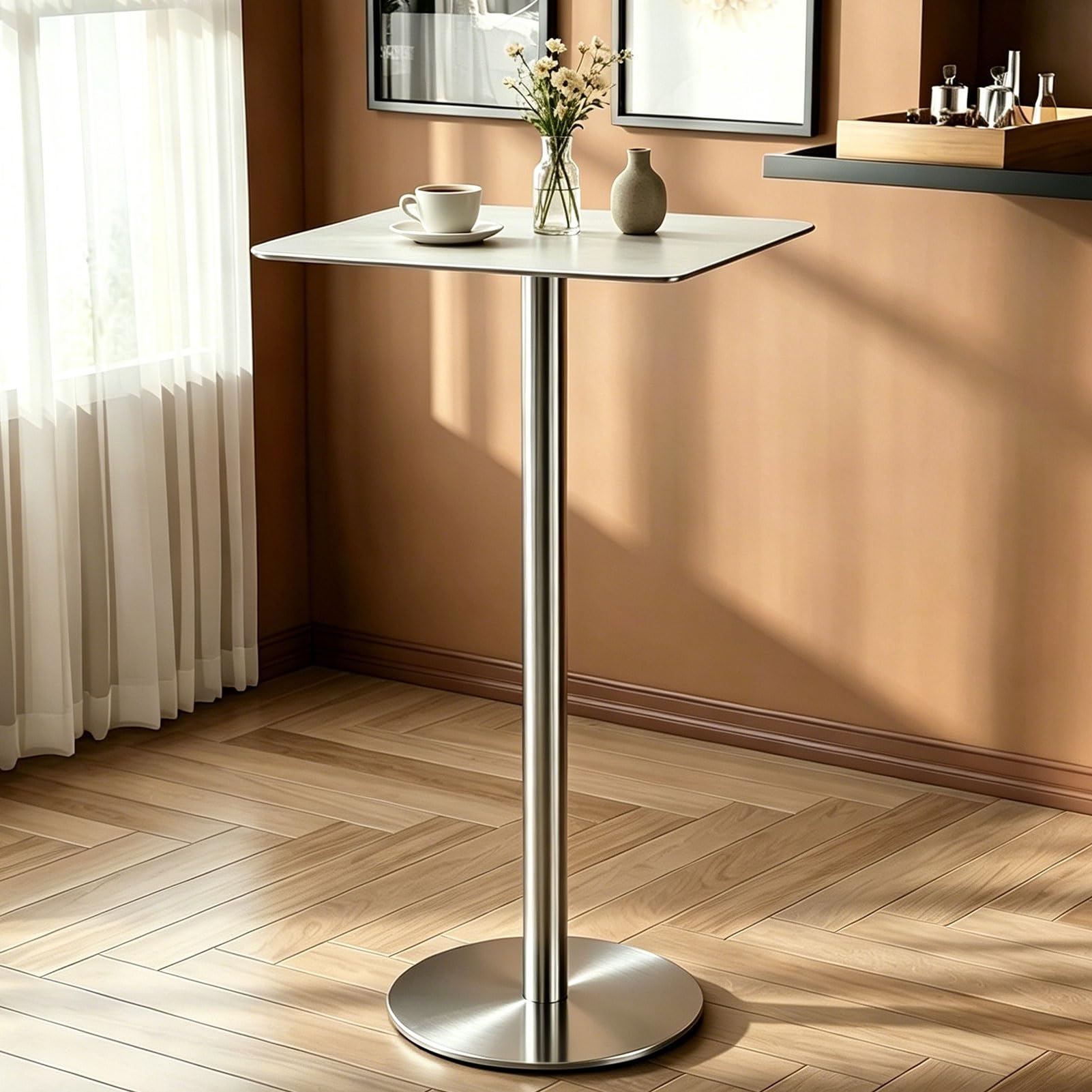 Table de bar carrée anti-rayures en acier inoxydable pour optimiser vos petits espaces