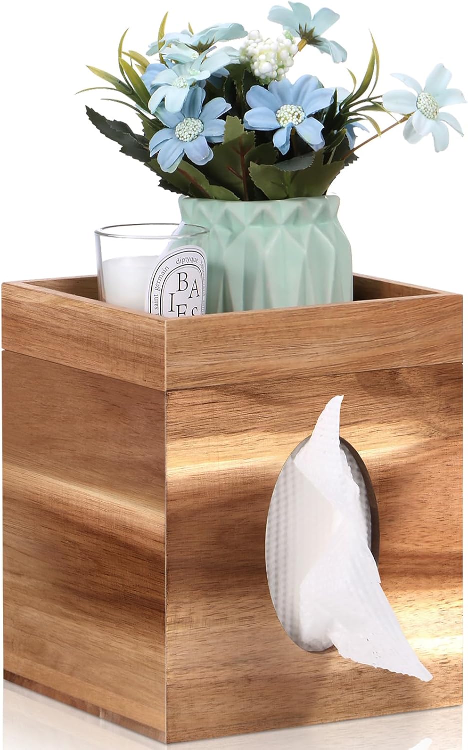 Tissue Box Cover, Wood Tissue Box Cover with Storage Tray Square Tissue Box Covers Holder for Bathroom, Bedroom, Dinner Table, Office, Tabletop 6" x 6" x 7.4"