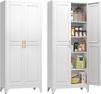 POLUP 75" Metal Kitchen Pantry Cabinet with Doors & 4 Adjustable Shelves, Sturdy Steel Storage 16"D x 32"W x 75"H White