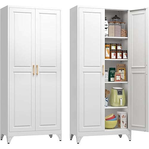 Polup Kitchen Pantry Cabinet, 75" H Metal Storage Cabinet with Doors and Shelves, 4 Standing Feet, Cupboard for Kitchen, Dining, Living Room, 16" D x 32" W x 75" H, White, Assembly Required