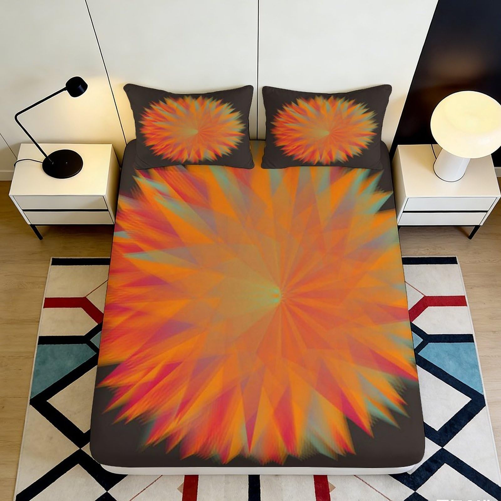 Pnayamiorkfel Style-6 3D Printed Abstract Sunburst Fitted Sheet Microfiber Orange Geometric Bed Cover For Bedroom Guest Room Decor 90X200x25cm