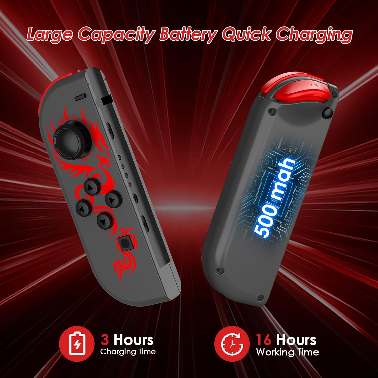 Kipylca Switch Joycon, Replacement for Nintendo Switch Controller, Wireless Controllers with 6-Axis Gyro, Vibration, Motion Control, Wake-up, Screenshot, Red Dragon