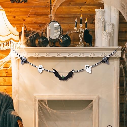 Decoración de Halloween para interiores, lindos fantasmas murciélagos guirnalda de cuentas de madera blanca y negra para fiesta, decoración de