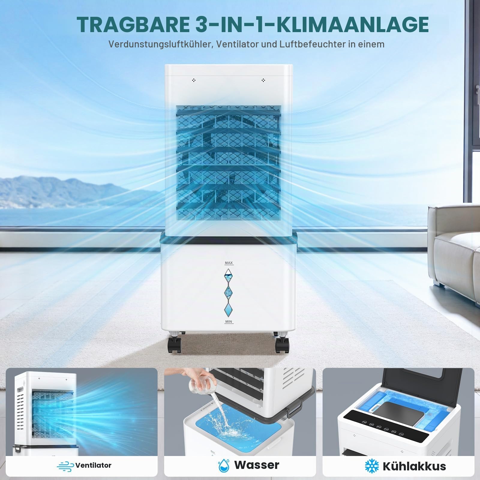 Mobile Klimaanlage, Luftkühler 12L Mobiles Klimagerät ohne Abluftschlauch, Verdunstungskühler mit Fernbedienung, 6 Stufen, 24H Timer, 40 dB Leise, Portable Air Conditioner Räume Büro Schlafzimmer