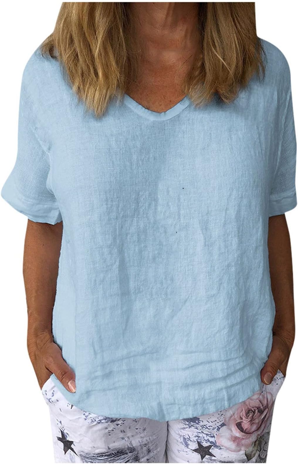 Baiggooswt Women's 5X T Shirts Womens Casual Cotton and Linen O Neck Solid Short Sleeves T Satin Womens Button up Shirt
