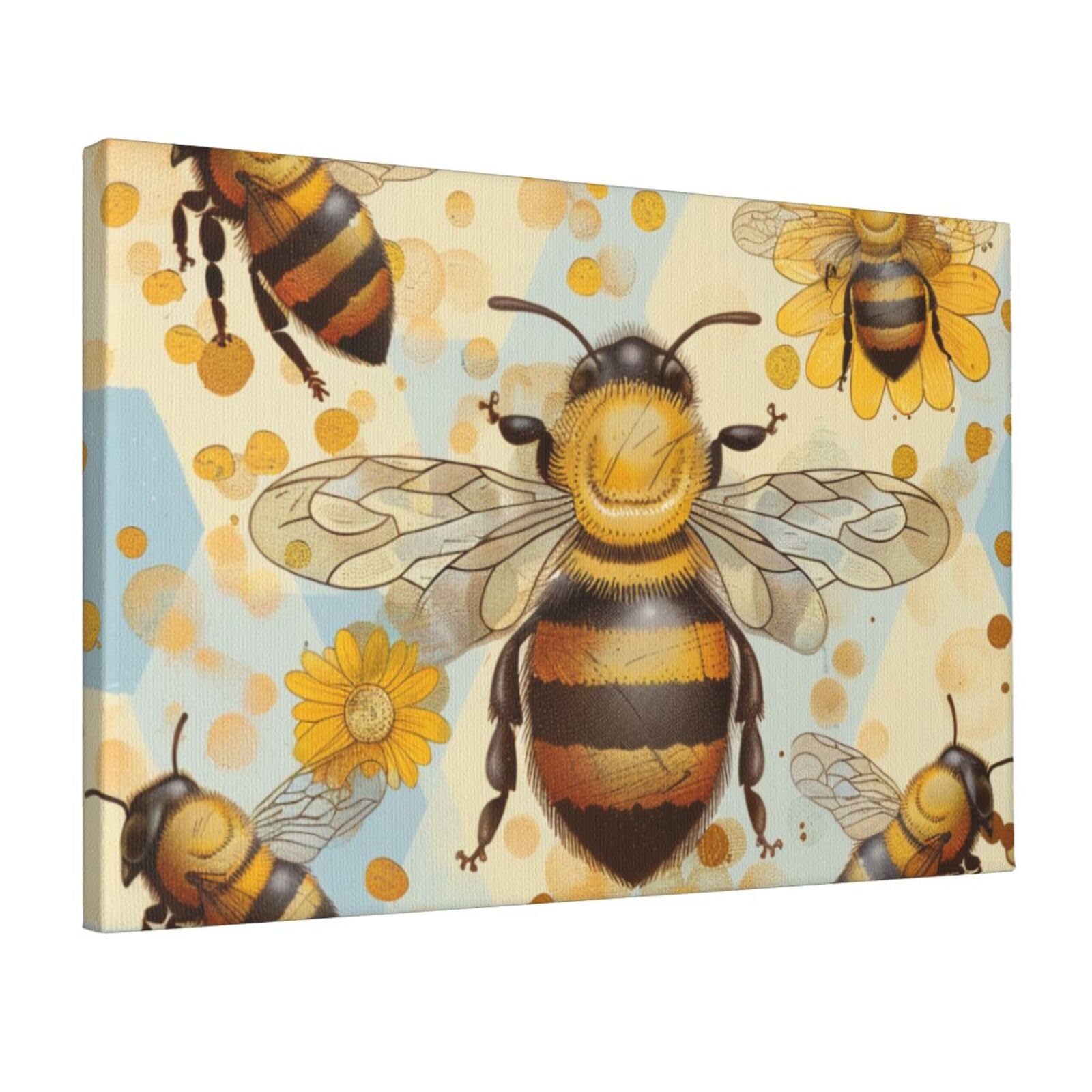 YKLJG Honey Bee Printed Wall Art Canvas Prints 45x30 CM Wooden Framed Picture Painting Artwork for Bedroom Kitchen Home Office Decor