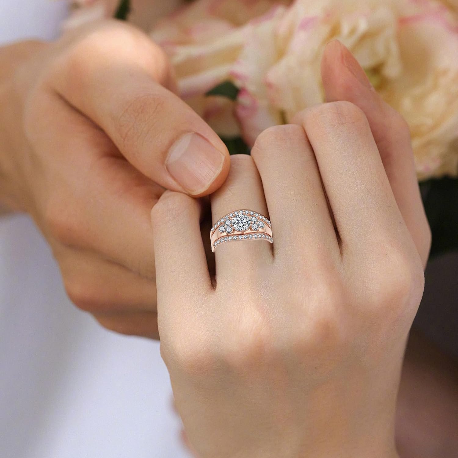 925 Sterling Silver Wedding Rings for Women Cubic Zirconia White/Rose Gold Plated Rings Three-in-One Engagement Promise Eternity Bands for Bridal Stackable Ring Size 5-10