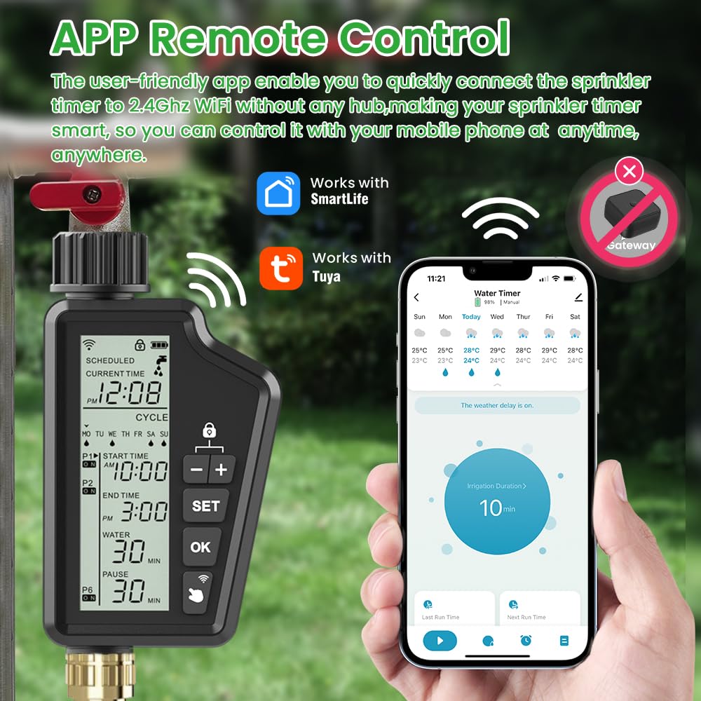 MIUCDA Programador Riego Inteligente WiFi, Pantalla LCD Grande, para Grifo 1/2" y 3/4", Riego automático programado, Ordenador de riego Compatible con Alexa y Google Home, Control por Voz y App