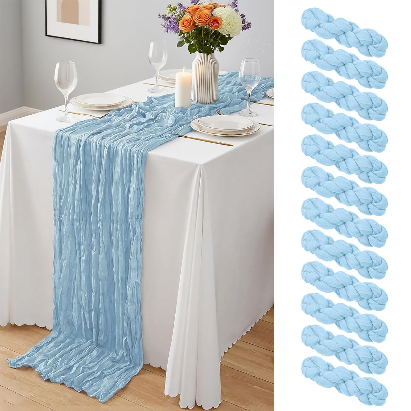 Lot de 12 chemins de Table en étamine Bleu Ciel de 55 x 300 cm,chemins de Table en Gaze Semi Transparente,Chemin de Table en Tissu en Tissu à Fromage en Vrac pour Mariage