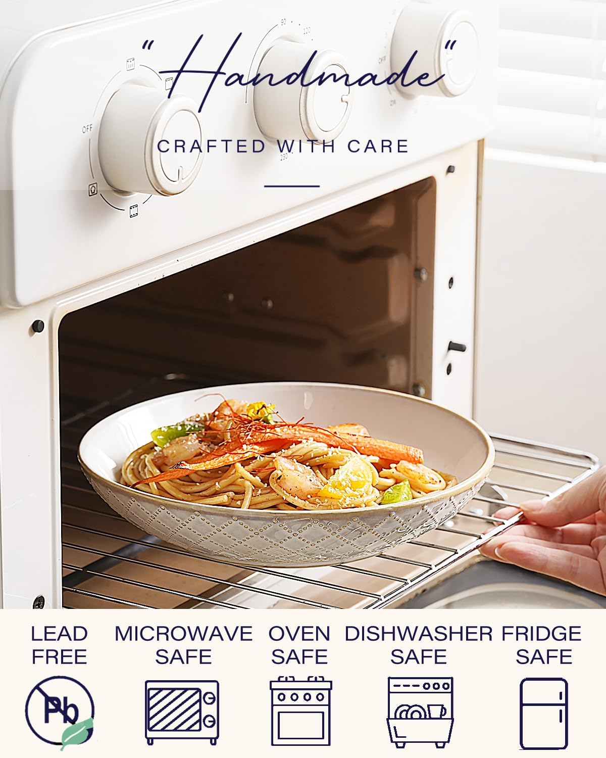 getstar Pasta Bowls, Large Salad Serving Bowls (7.6 inch & 22 oz), Ceramic Bowl Plates Set of 4, Farmhouse Embossments, Microwave and Dishwasher Safe