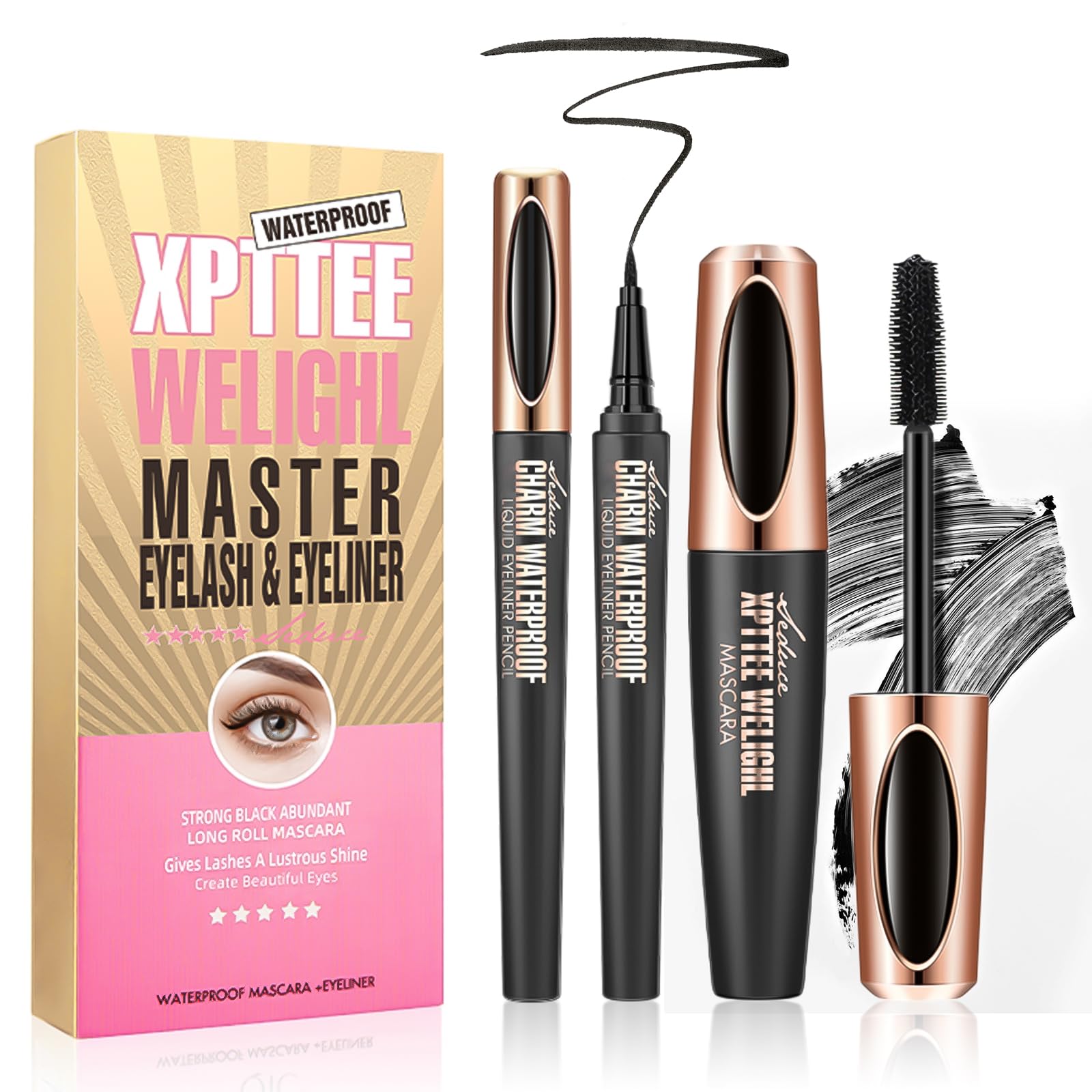 Set Mascara de Pestañas y Delineador de Ojos, Máscara de Pestañas de Fibra de Seda 4D, Longitud sin Límites y Volumen Redefinido, Resistente al Agua, Larga Duración - Negro