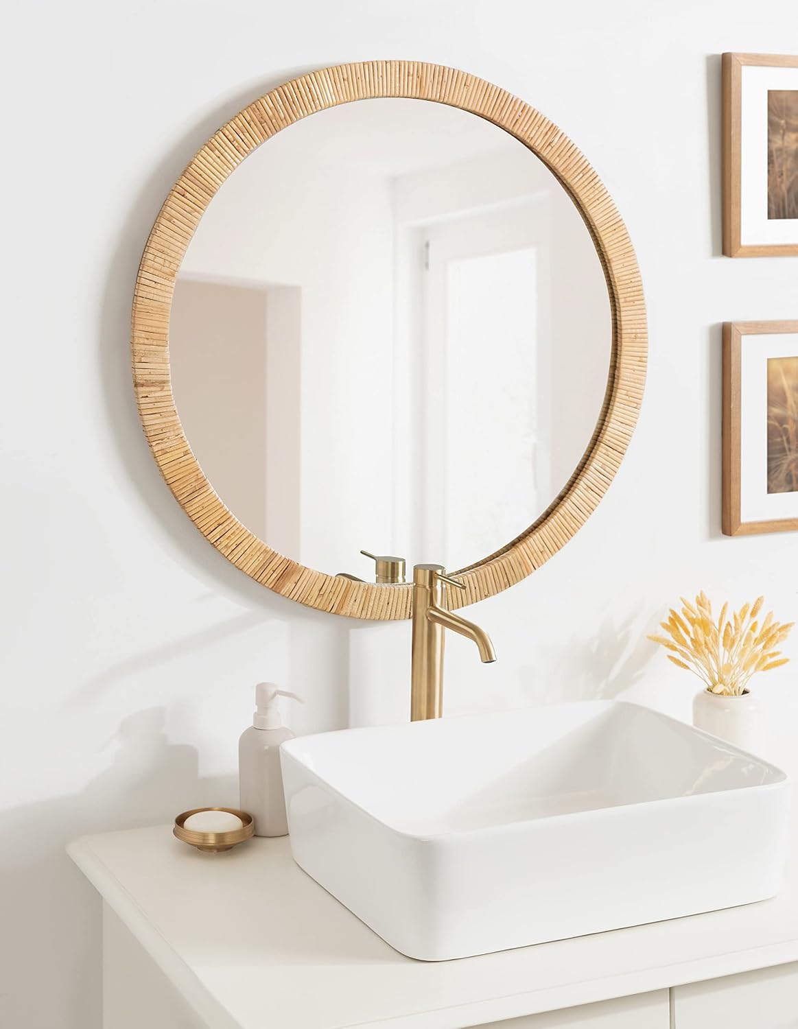 Kate and Laurel Rahfy Boho Round Rattan Mirror, 28 Inch Diameter, Natural Wood, Decorative Round Wood Mirror with Authentic Rattan Frame for Boho Wall Decor
