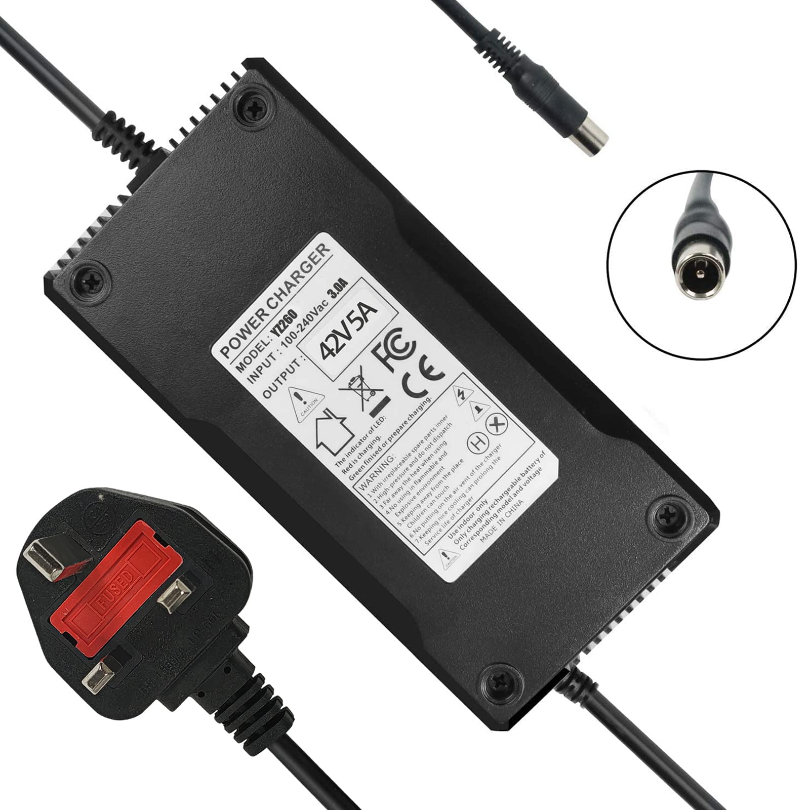 YZPOWER Battery Charger For Electric Bike, Electric Scooter Charger, Mobility Bike, Balance Bike, E-Scooter, Ebike, Charger For 36V Lithium Battery, Output 42V 5 A, With RCA 8mm 1-Pin Connector