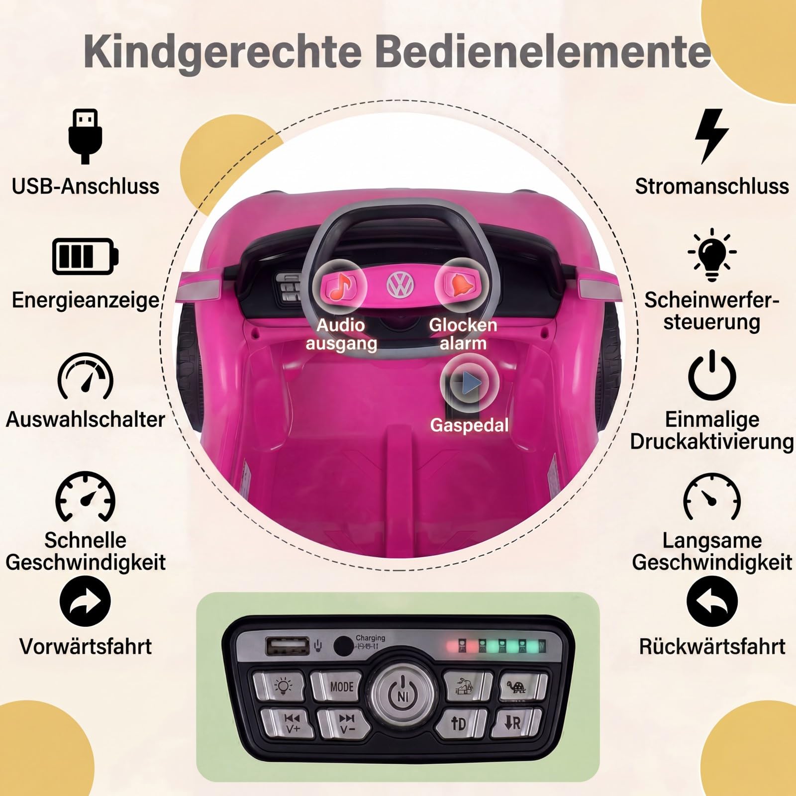 GOPLUS Kinder Elektroauto VW, 12V Kinder Elektroauto, Elektrofahrzeug mit Fernbedienung & Sanftstart, Kinderfahrzeug mit LED-Scheinwerfer, Musik & Hupe, Kinderauto für Kinder ab 3 Jahren (Rosa)