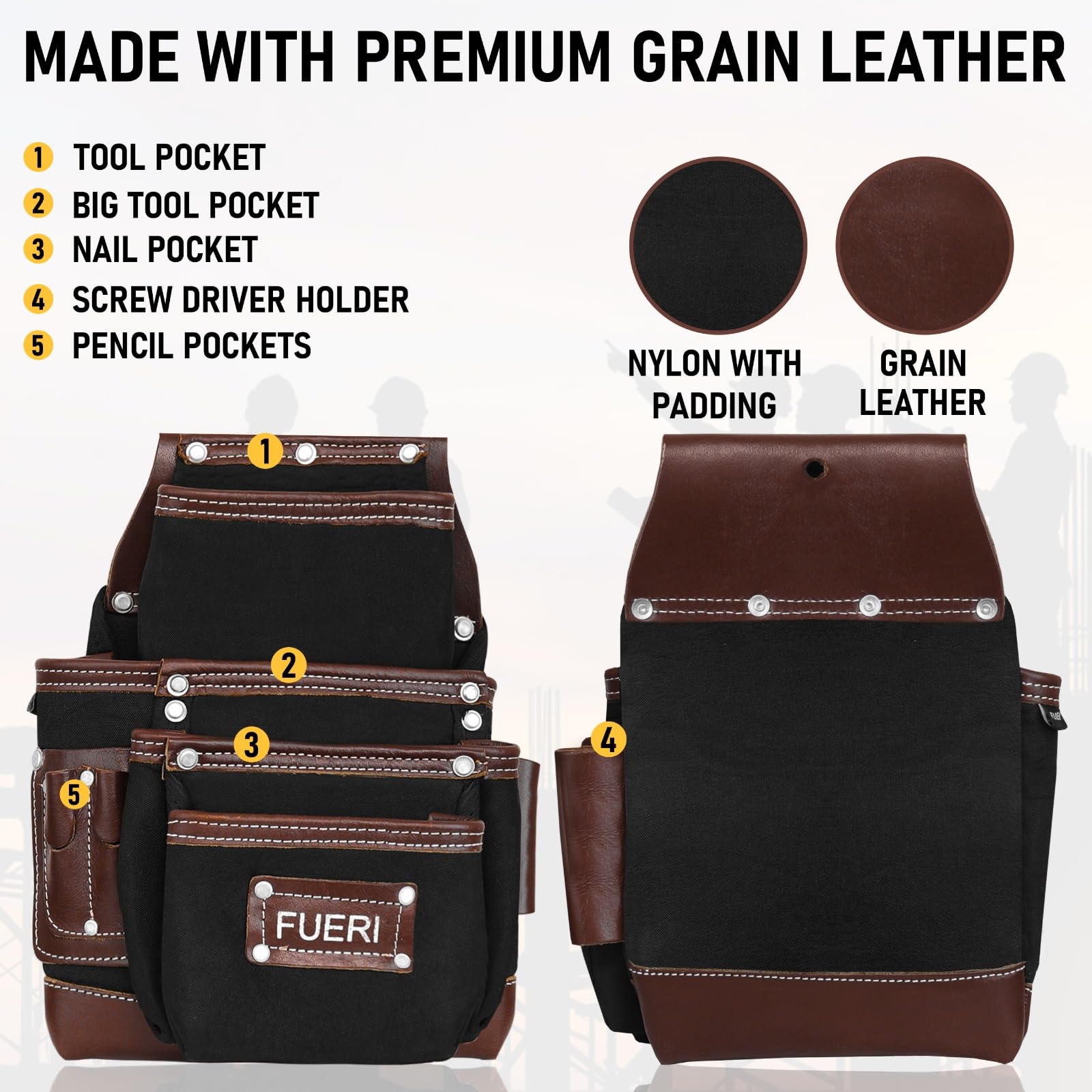 FUERI Cintura porta attrezzi da uomo in nylon e pelle, resistente, set con 2 sacchetti, supporto per pinze, cintura imbottita in schiuma e passanti per carpentieri, falegnami, elettricisti e strumenti
