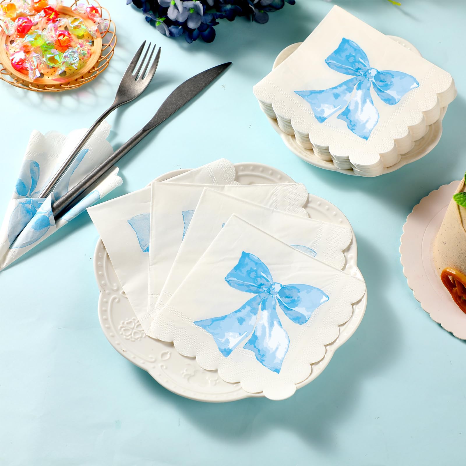 HunnmingRe 150 Pcs Blue Bow Napkins Coquette Cute Party Supplies Bow Party Disposable Paper Napkins for Bachelorette Bridal Baby Shower Tea Wedding