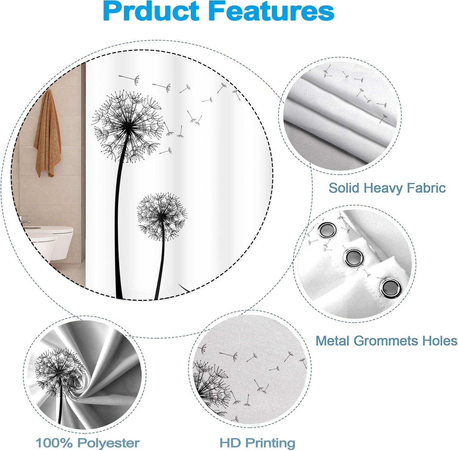 Black White Dandelion Fabric Shower Curtain for Bathroom Ride Bike Boy Girl Home Decoration Flying Dandelion Waterproof Cloth Bathtub Curtains for Kids Children with Hooks 72x78 inches