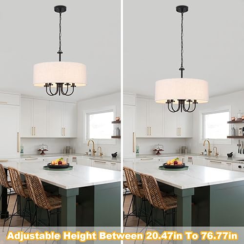 Miniatura 5 de Candelabro de tambor de 5 luces de 19 pulgadas para comedor, moderno, negro, estilo granja, lámpara de lino blanco, lámpara colgante para sala