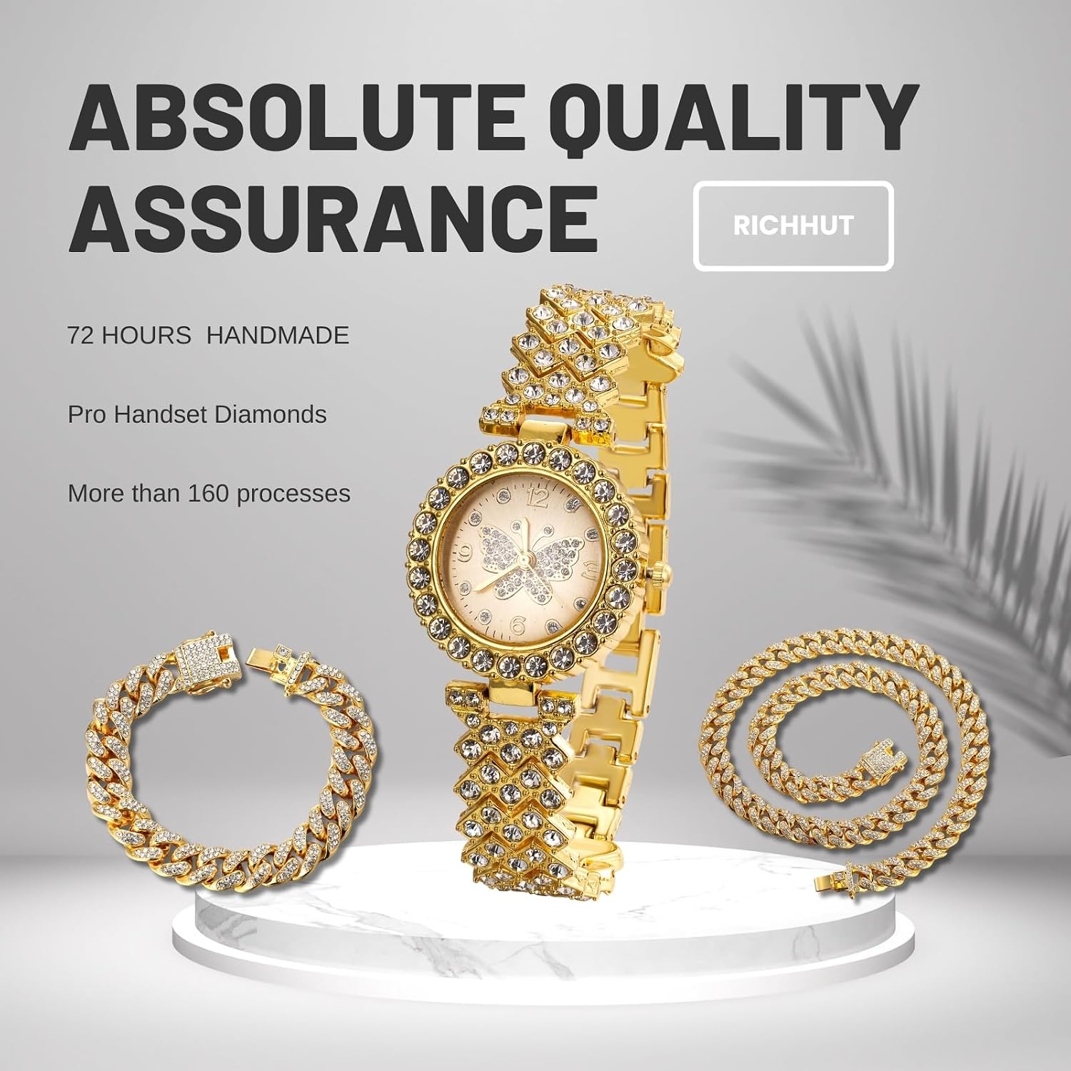 Luxury Diamond Watch for Girls Teen - Iced Out Bling 18K Real Gold/Platinum Plated - 29mm Butterfly Pattern Dial Strap 7.7" - Giftbox Included - Optional with Cuban Chain