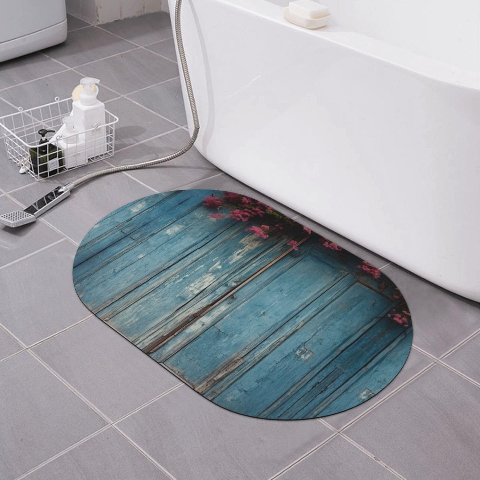 Paillasson vintage bleu pour salle de bain au séchage rapide