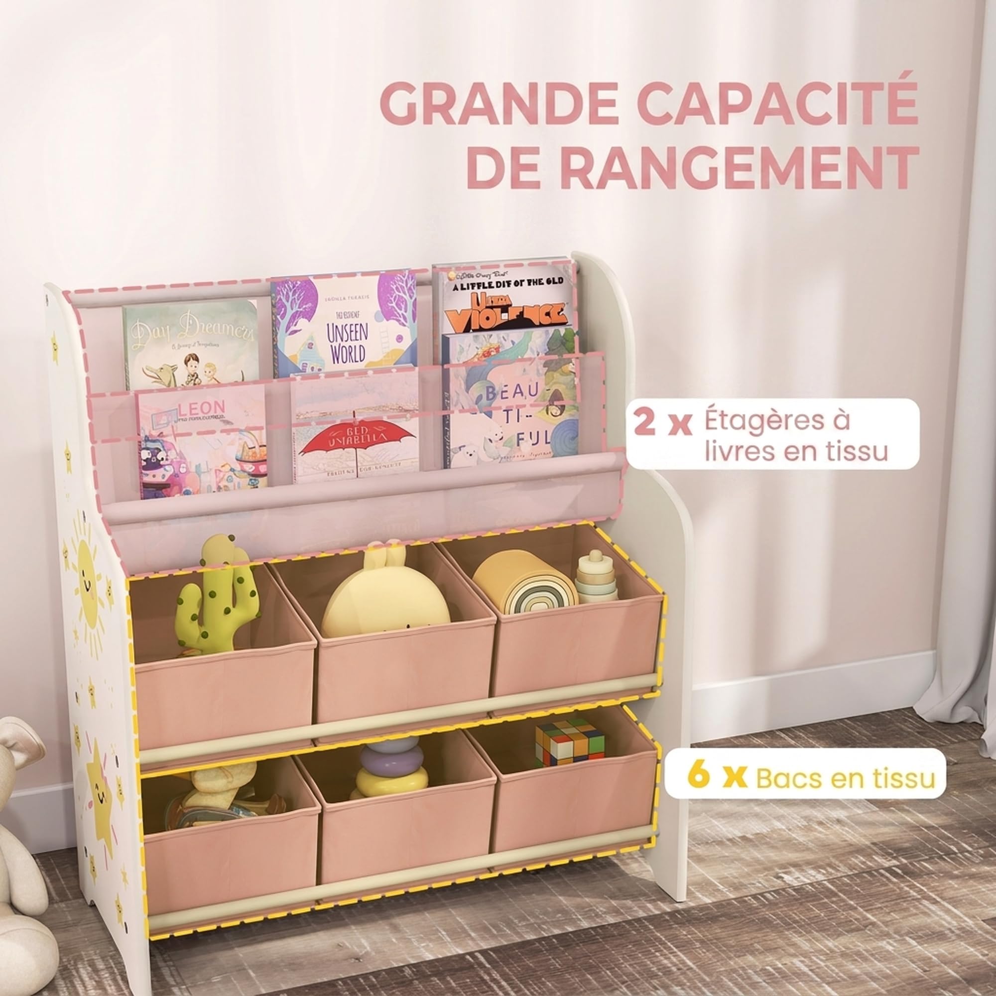 AIYAPLAY Meuble Rangement Enfant 6 Tiroirs en Tissu 63x30x71cm Rose