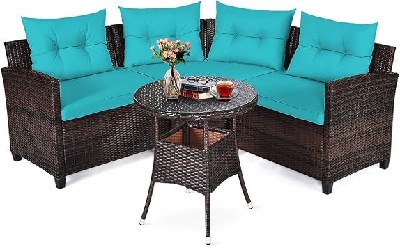 Tangkula 4-Piece C Shape Patio Furniture Set, Outdoor Corner Wicker Rattan Sectional Cushioned Sofa Set, with Glass Coffee Table, for Garden Poolside Balcony Turquoise