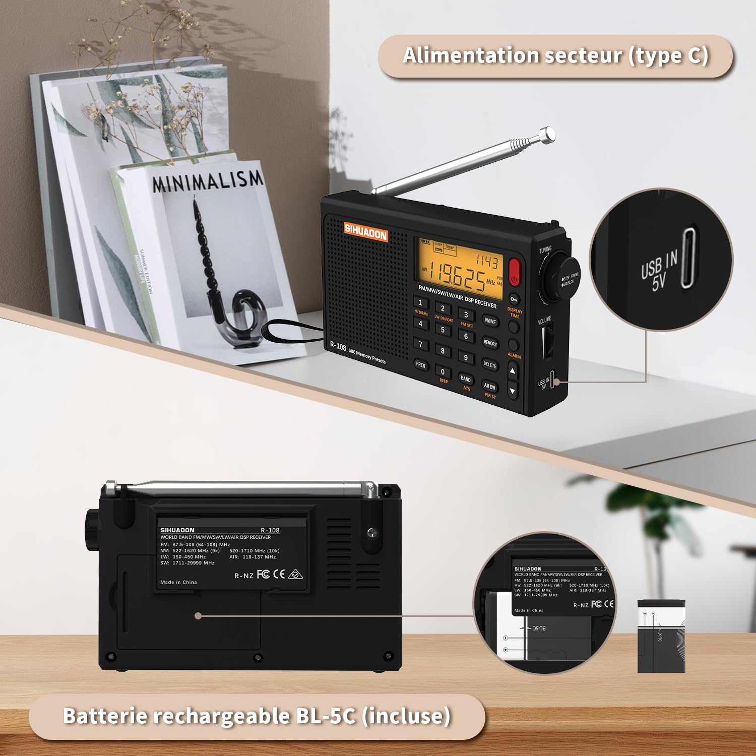 Radio Portable SIHUADON R108 FM AM MW SW Multibande Poste Radio à Ondes avec Affichage du Temps de Parole Fort RéTro-éClairage NuméRique Alarme Noir