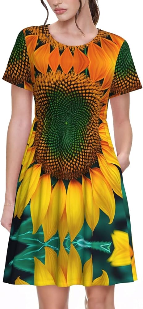 Rainbow Sunflower Print Women's Summer Dresses,Casual Spring Dress with Pockets,for Beach Vacation at Amazon Women's Clothing store Rainbow Sunflower Print Women's Summer Dresses,Casual Spring Dress with Pockets,for Beach Vacation at Amazon Women's Clothing store