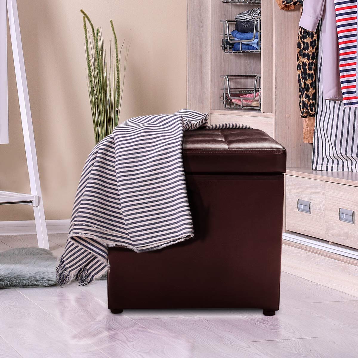 COSTWAY Baul Almacenaje Dormitorio, Puff Almacenaje Plegable 40x40x40cm, Puff Banco con Almacenaje con Capacidad de 300 kg, Reposapiés Sofa para Sala de Estar, Dormitorio, Entrada, Marrón
