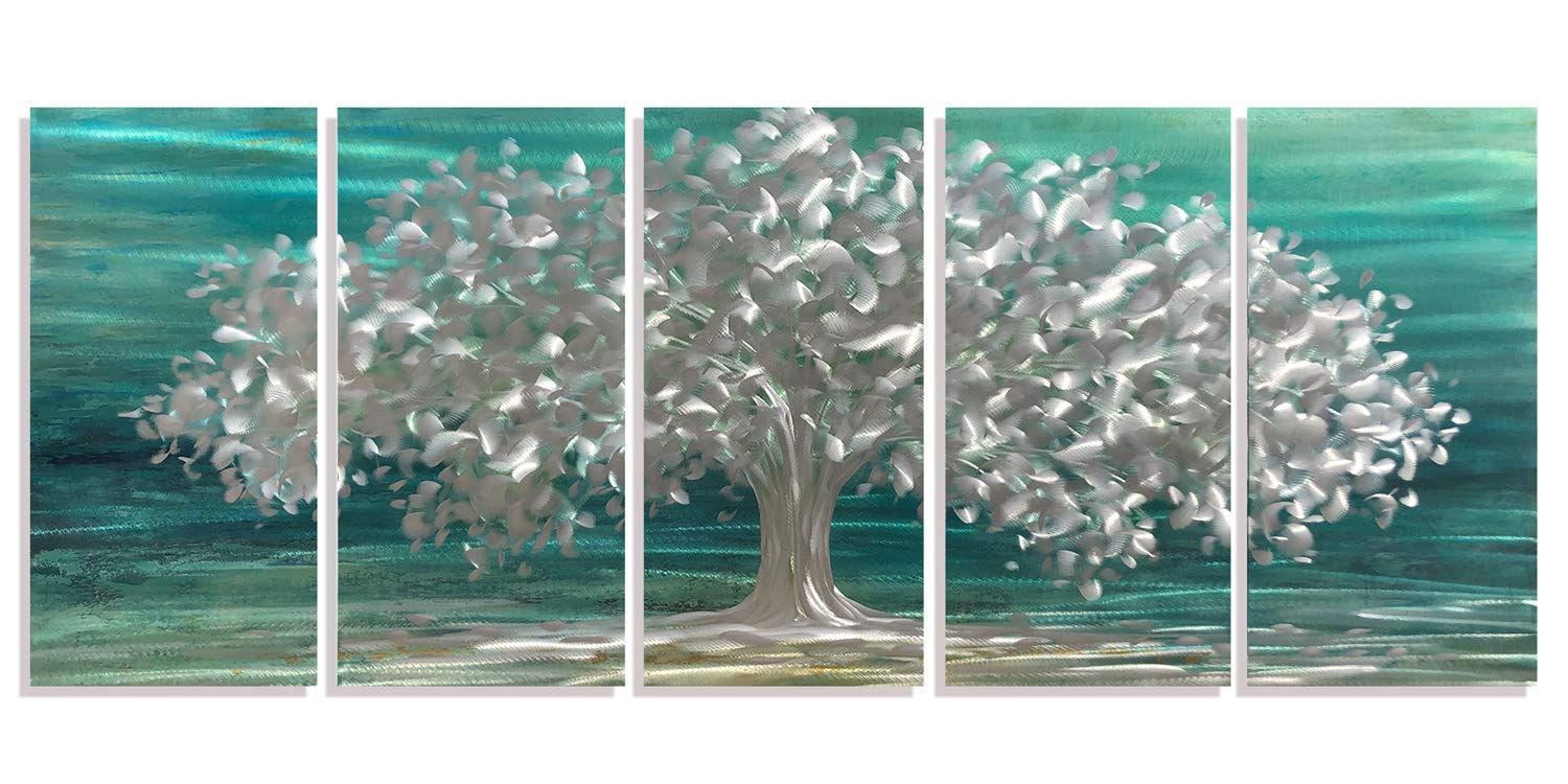 RICHSPACE ARTS Tree of Life Metal Wall Art Teal Blue Wall Sculpture Accent 3d Art Nature Theme Abstract Ornament For Home and Kitchen Set of 5 Panels