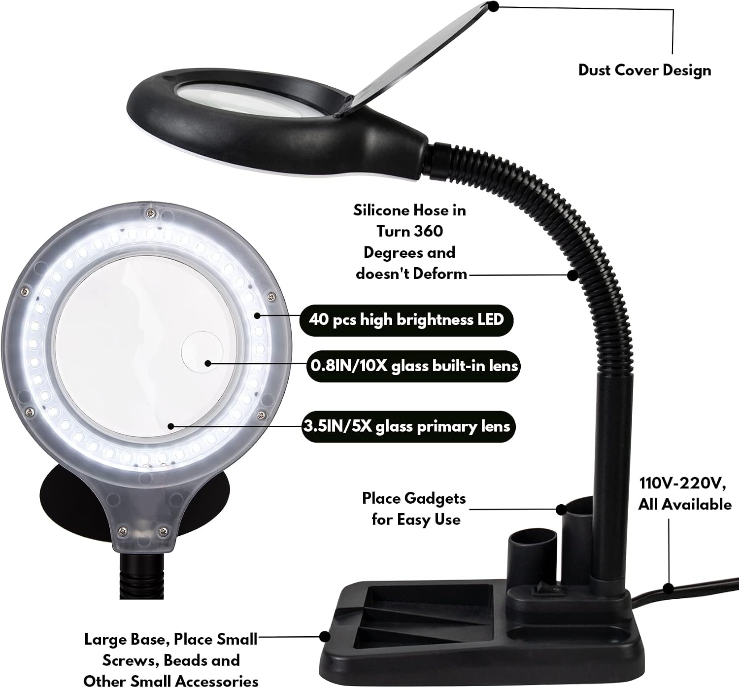 LED Magnifying Glass with Light, 5 X 10X LightView Pro Flex Magnifying Lamp and Table & Desk Lamp for Close Work