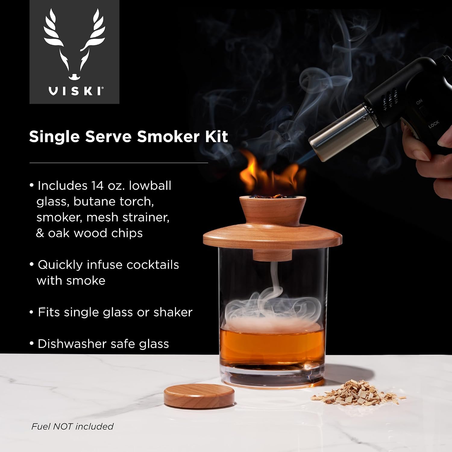 Viski Alchemi Single Serve Cocktail Smoker Kit Includes Low Ball Glass, Butane Torch, Smoker, Mesh Strainer and Oak Wood Chips for Whiskey, Old Fashioned, Bourbon, Gifts for Men, 5 Piece Set image 2