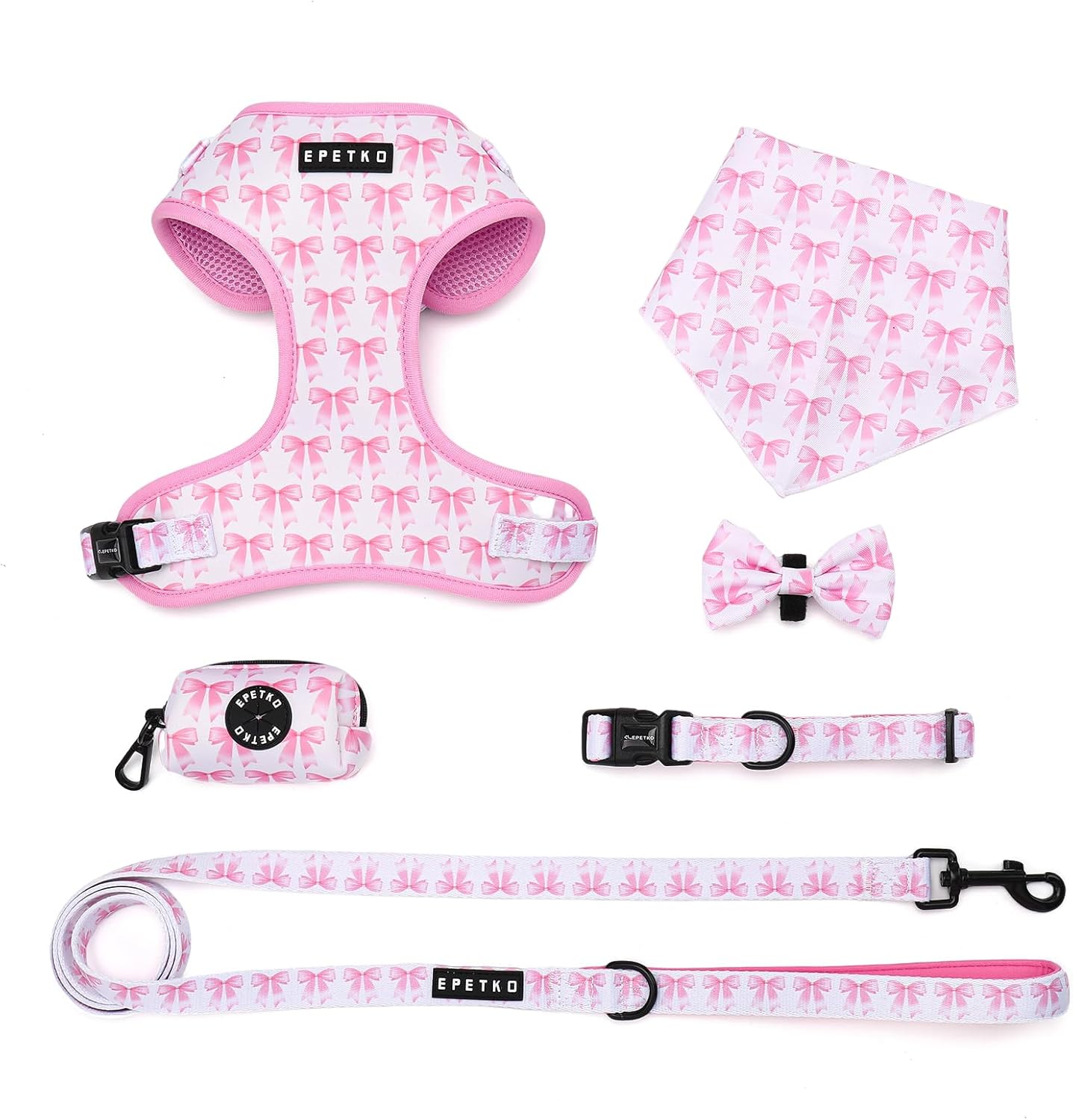 Small Dog Harness and Leash Set of 6, No Pull Soft Lightweight Mesh Puppy Harness, Adjustable Cute Floral Pattern Pet Harness for Small Medium Dogs (Pink Bow, L)