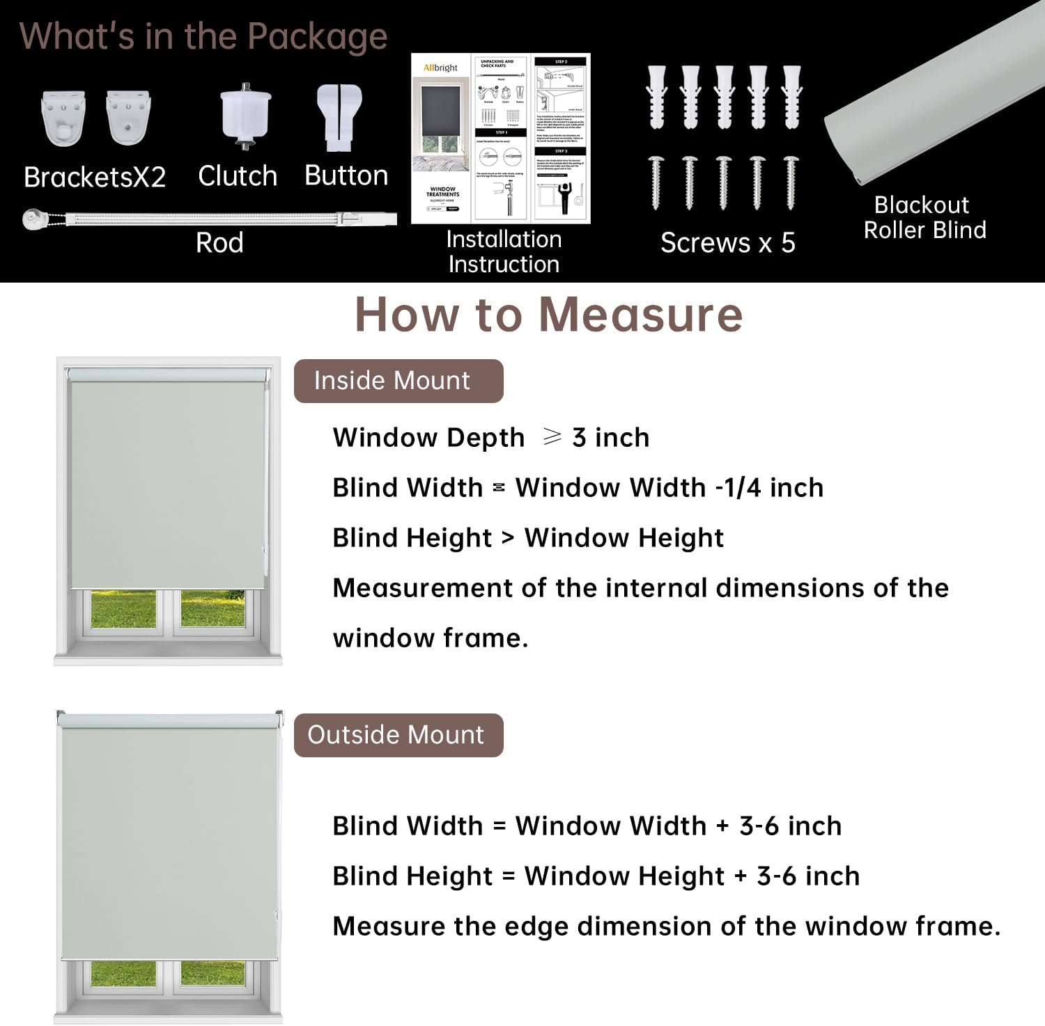 Allbright Cordless Blackout Roller Shades, Wand Control Window Blinds, Thermal Insulated Easy to Install for Living Room, Bedroom, Door, Office, Bathroom, Kitchen, 34" W x 72" H, Grey