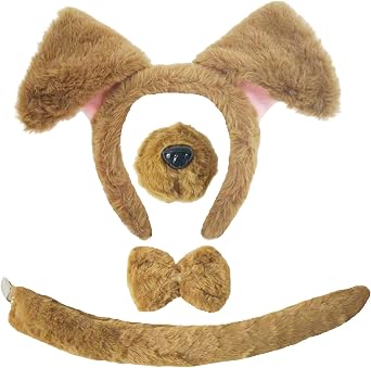 4-Piece Dog Ears and Tail Costume Accessory Set Includes Brown Plush Dog Ears Headband, Nose, Bow Tie, and Clip-On Tail for Halloween Cosplay, Dress-Up Parties, School Plays, Animal-Themed Events