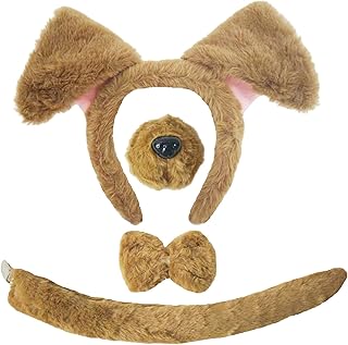4-Piece Dog Ears and Tail Costume Accessory Set – Includes Brown Plush Dog Ears Headband, Nose, Bow Tie, and Clip-On Tail for Halloween Cosplay, Dress-Up Parties, School Plays, Animal-Themed Events
