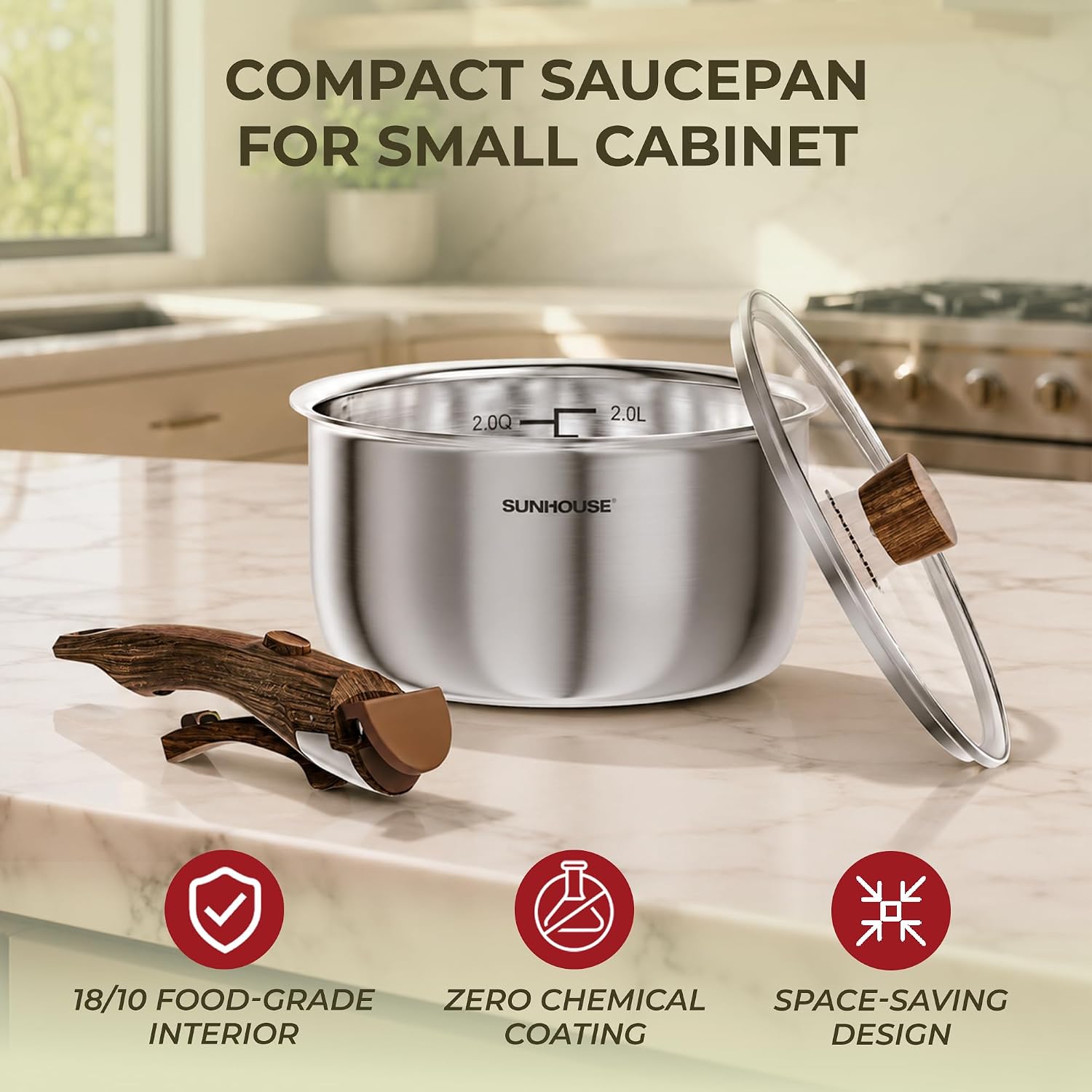 SUNHOUSE 3QT Stainless Steel Saucepan with Detachable Handle, 2QT Pot Bonus