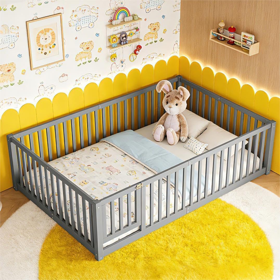 Bellemave Queen Floor Bed Frame, Queen Floor Bed with 23.5" High Safety Rail & Removable Door, Solid Pine Wood Low Profile Montessori Floor Bed Frame Queen for Bedroom, Nursery, No Slats, Grey