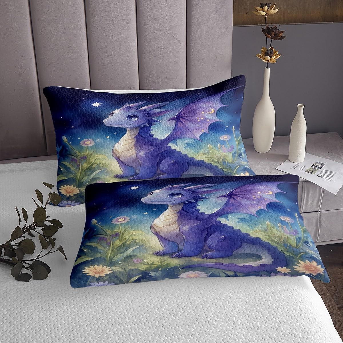 Homewish Dragon Kids Bedspread King Size,Blossom Flower Star Printed Quilt for Teens Boys Girls Room Decor,Cartoon Western Magical Animal Bedding Set 3Pcs,Cute Dragon Coverlet Set,2 Pillowcases