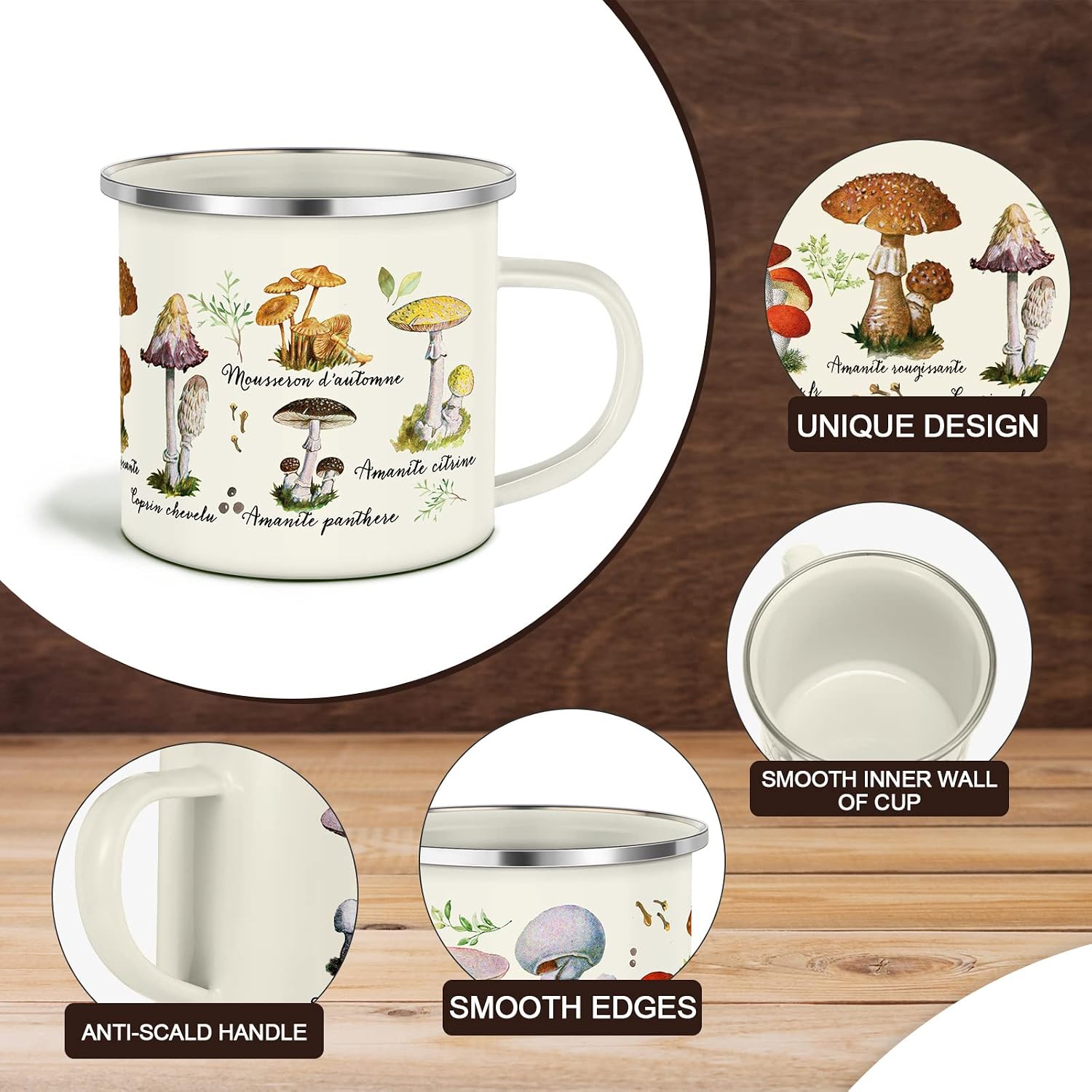 Cunhill 2 Pieces Mushroom Enamel Mug Set with Lids, Kawaii Camp,White