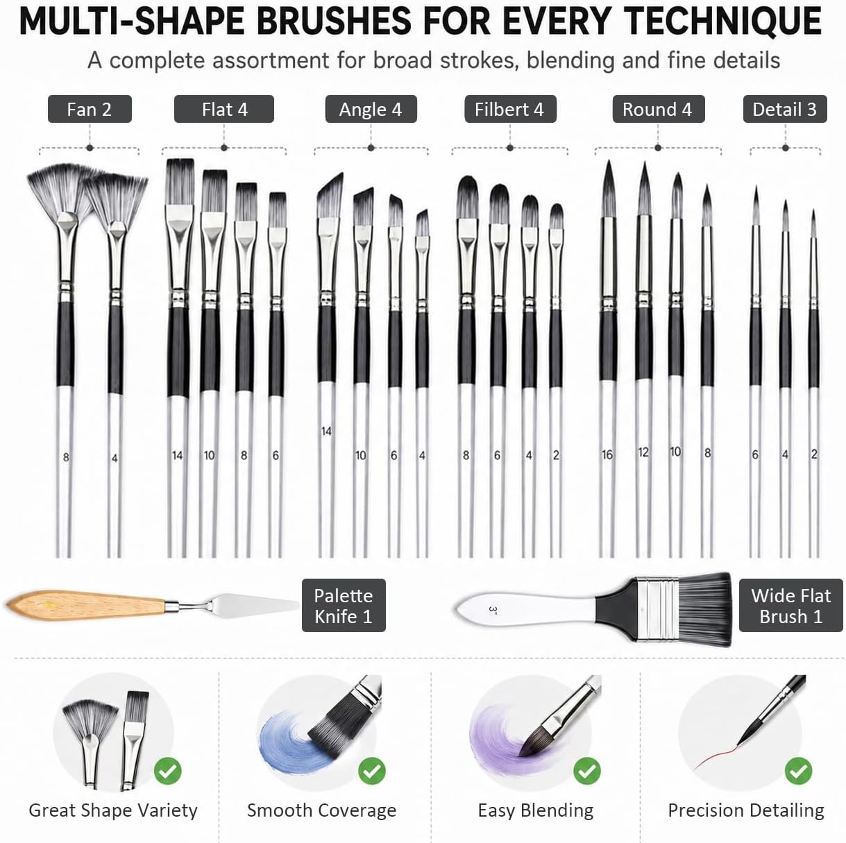 24Pcs Multi-Shape Paint Brushes Set for Acrylic, Oil, Watercolor & Gouache with Palette Knife and Waterproof Canvas Roll, Synthetic Bristles Art Supplies for Artists & Beginners