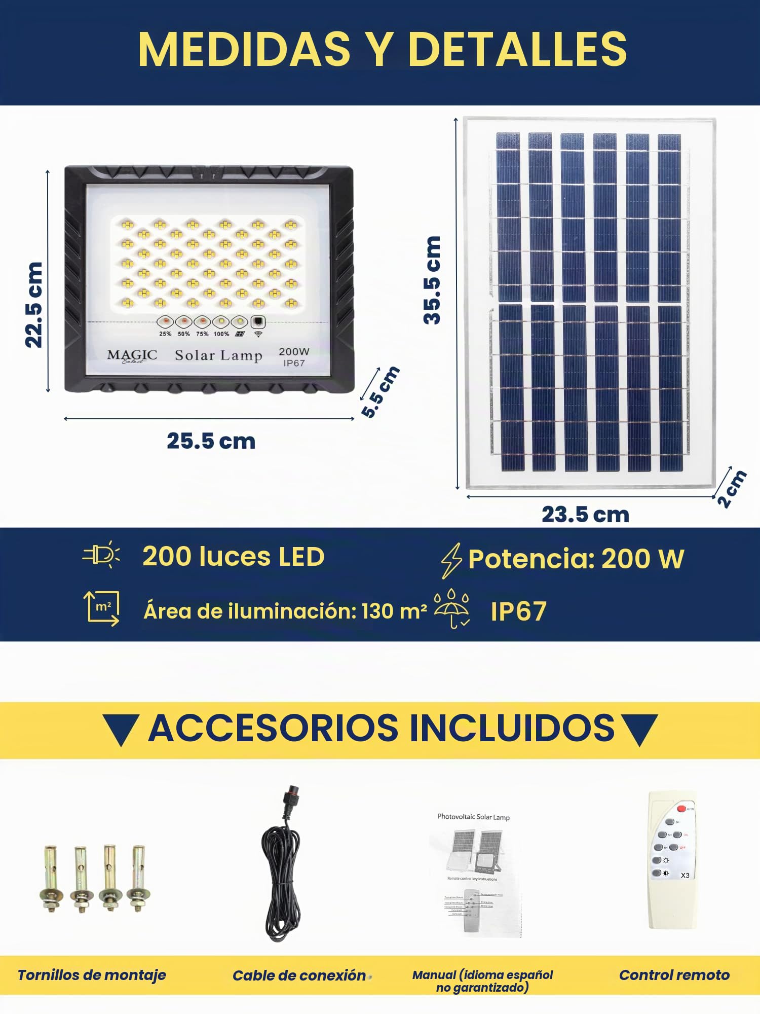 Foco Proyector 200W 200LED con Panel Solar Fotovoltaico, Mando a Distancia y Sensor de Encendido Automático. Foco Solar IP67 con Luz Blanca, Iluminación de Exteriores, Patio, Jardín, Camino, Garaje.